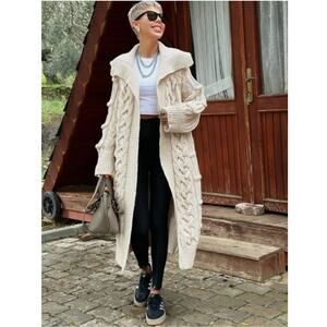 Zara Cardigan Textured Coat Raised Cable Knit Chunky Coatigan Cream Size Small S